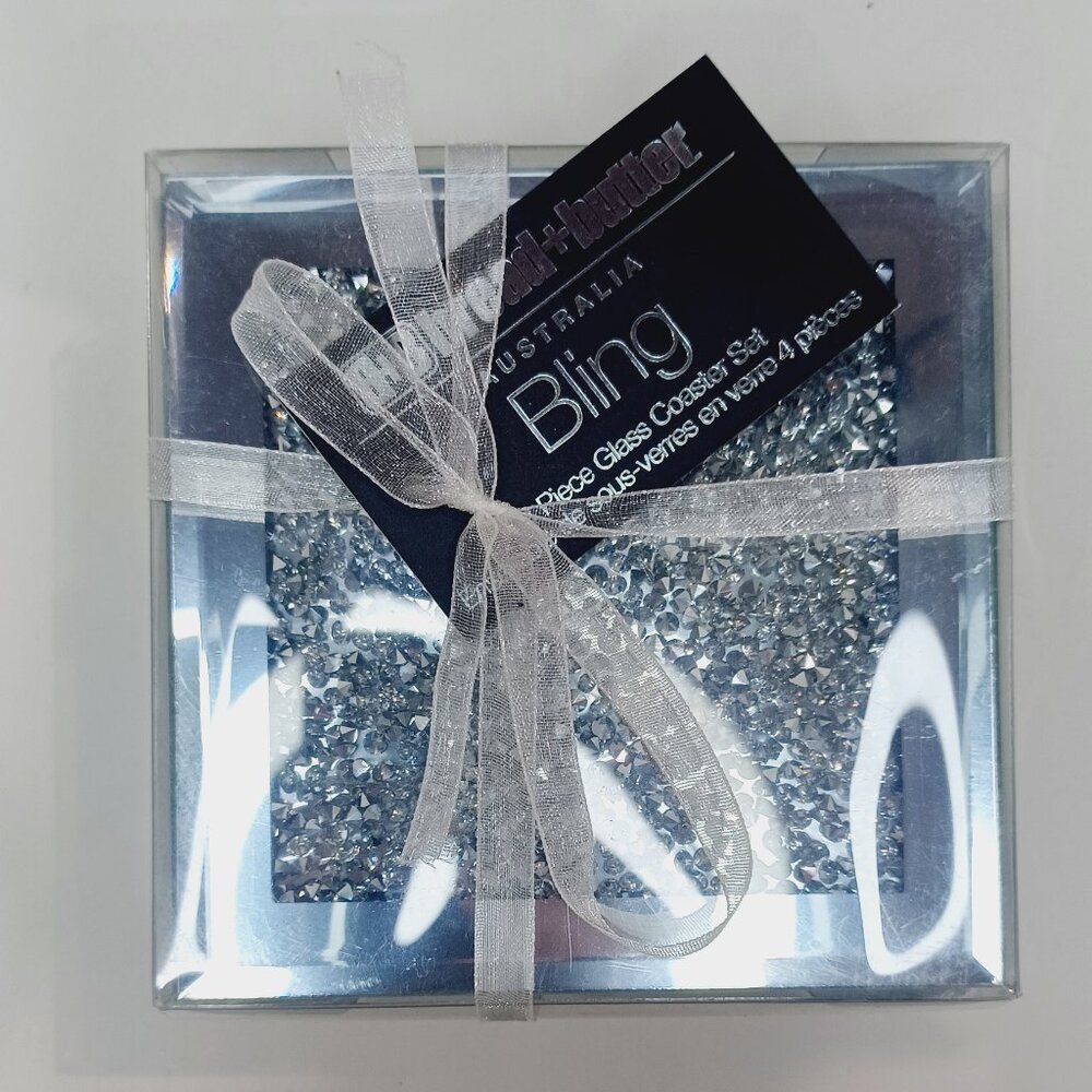 Bread & Butter Silver Diamond Bling Mirrored Glass 4-Piece Coaster Sets